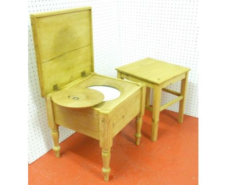 VICTORIAN PINE COMMODE WITH A CERAMIC LINER COVER HINGED TOP ON TURNED TAPERING LEGS AND A PINE COFFEE TABLE/STAND, WITH A SQ