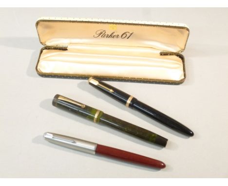 GEORGE S PARKER DUOFOLD 'LUCKY CURVE' FOUNTAIN PEN, TORONTO CANADA, IN JADE GREEN, PARKER MAXIMA FOUNTAIN PEN IN BLACK WITH 1