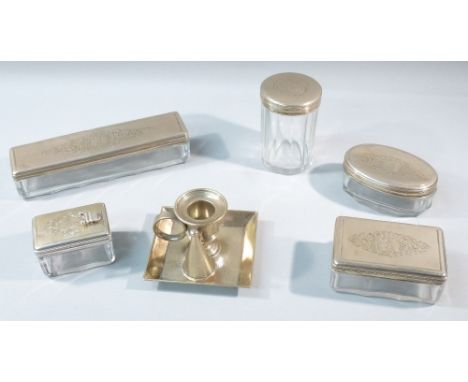SET OF FIVE C19th FRENCH SILVER MOUNTED TOILET JARS INCLUDING AN INKWELL, EACH WITH A HINGED COVER, FIRST STANDARD 950 AND AU