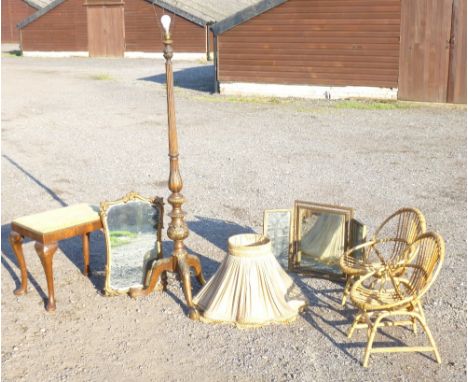 CARVED MAHOGANY FINISH STANDARD LAMP WITH A REEDED AND GADROONED BALUSTER COLUMN ON THREE CABRIOLE LEGS, TWO MIRRORS, UPHOLST