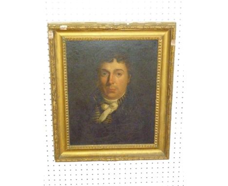 EARLY C19th ENGLISH SCHOOL, PORTRAIT OF A NAVAL OFFICER WEARING A WHITE CRAVAT, HALF LENGTH, OIL ON CANVAS (49 cm x 39 cm)