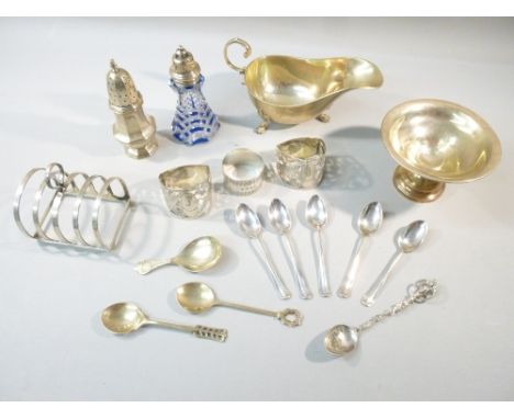 SILVER TOAST RACK BY ADIE BROS. LTD, BIRMINGHAM 1931, SAUCE BOAT, NAPKIN RINGS x 3, SILVER SPOONS x 8, CUT GLASS SALT POT WIT