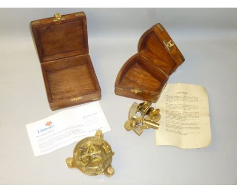 REPLICA BRASS SUNDIAL COMPASS (DIA: 12.5 cm) AND A BRASS SEXTANT WITH OVERLAY (10.5 cm), BOTH IN A BRASS BANDED WOODEN BOX