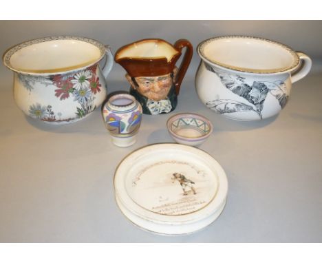 ROYAL DOULTON 'OLD CHARLEY' CHARACTER JUG, ROYAL DOULTON CHAMBER POT, ANOTHER CHAMBER POT, ROYAL DOULTON 'NURSERY RHYMES' BOW