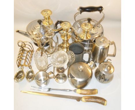 OLD HALL TEAPOT, HOT WATER JUG AND MILK JUG, A CARVING KNIFE AND FORK WITH ANTLER HANDLES TOGETHER WITH VARIOUS ITEMS OF SILV