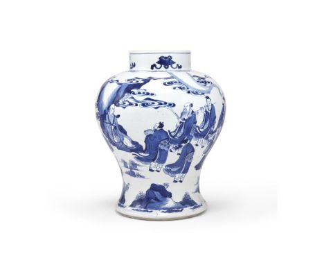 A Chinese blue and white 'Eight immortals' baluster vase, Kangxi, decorated in vibrant shades of underglaze blue with the Eig