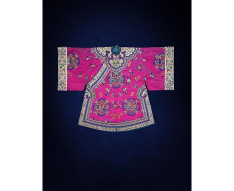A good Chinese magenta silk damask Han ladies robe, Qing dynasty, circa 1880, embroidered with ten roundels depicting scene o