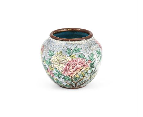 A rare Chinese Beijing enamel water pot, seal mark and period of Qianlong (1736-1795), the tapering ovoid body painted to the