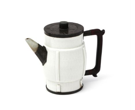A Chinese pewter-mounted Dehua teapot, 19th century, the barrel-shaped body finely impressed with key-fret patterns, with str