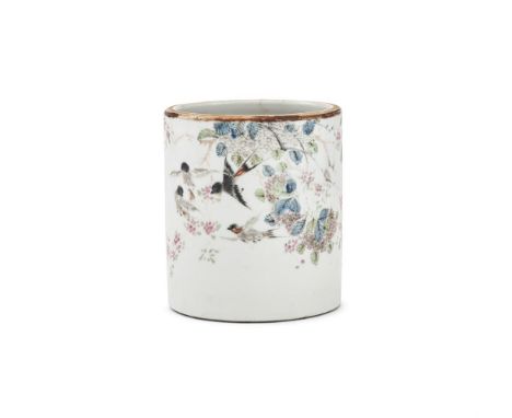 A Chinese cylindrical Qianjiang style brushpot, 19th or early 20th century, painted with swallows flying among blossoms and t