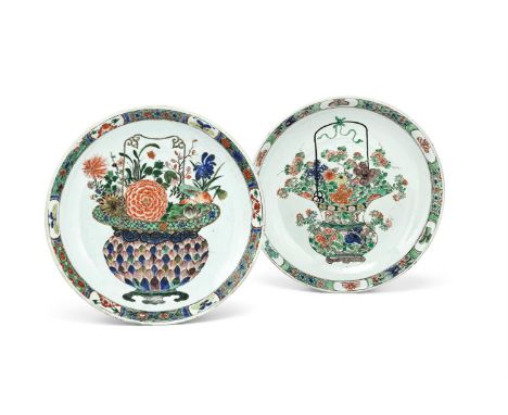 Two Chinese Famille Verte dishes, early Kangxi, circa 1680, brightly enamelled to the centres with a large basket filled with