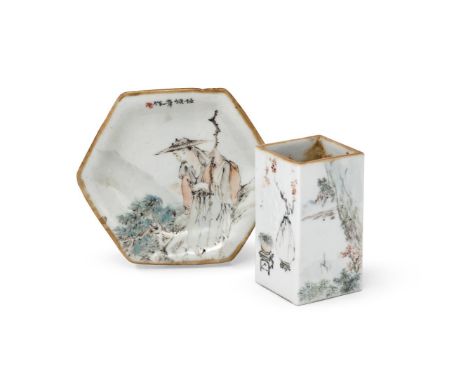 A Chinese rectangular Qianjiang style brushpot and dish, 19th or early 20th century, the rim glazed in brown, signed Ren huan