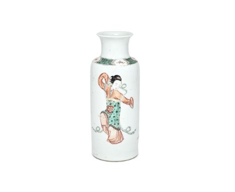 A Chinese Famille Verte vase, Kangxi, the body rising to the waisted neck and flared rim, painted with three ladies in bright