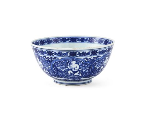 A Chinese blue and white 'Boys and Peony' Bowl, Kangxi, painted in rich cobalt-blue tones to the interior and exterior with a