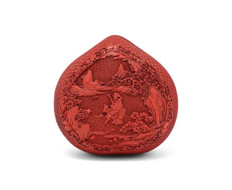 A Chinese carved cinnabar lacquer peach-shaped box and cover, 18th or 19th century, the cover finely carved through thick lay