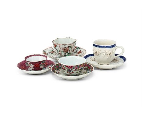 A Chinese Famille Verte tea bowl and saucer, Kangxi, of petal shape, painted with mythical beasts alternating with birds perc