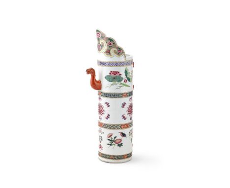 A Chinese Famille Rose Tibetan style ewer, Guangxu, well painted with three bands of flowers, birds and insects, with orange 