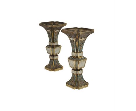 A pair of Chinese inlaid bronze enamel gu vases, 18th century, of square section, the exterior decorated in various shades of