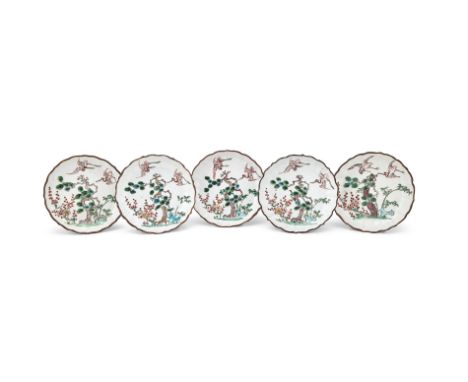 A set of five Chinese enamelled dishes, Ming dynasty, Chongzhen Period (1628-1644), decorated with a garden scene of bamboo, 