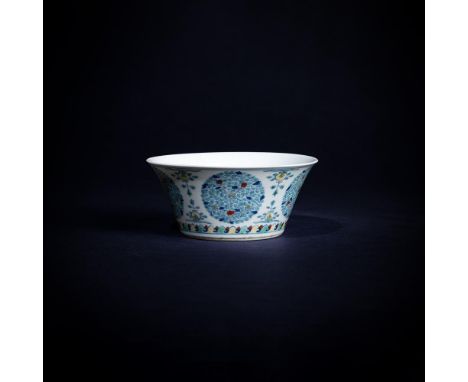 A Chinese Doucai 'Fruit' medallion bowl, Daoguang seal mark and of the period, with steep sides that flare towards the slight
