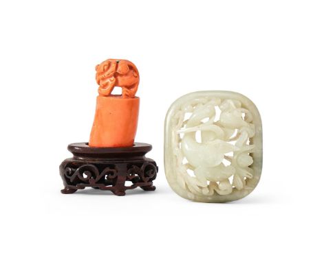 Y&nbspA Chinese carved coral seal, Qing Dynasty, the finial carved as a bixie with gasping its tail, carved seal face, 3.8cm 