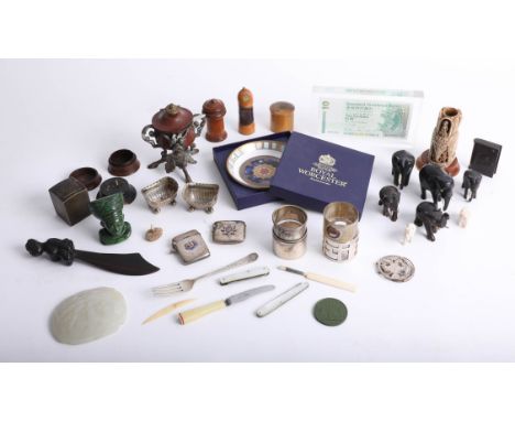 Interesting collection of objects including wood ware, EP salts, Malachite type paperweight, silver and enamelled vesta, some