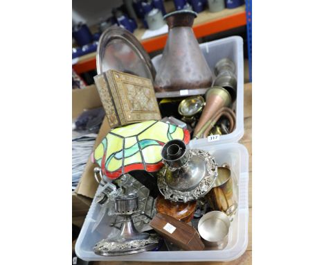 Various silver plated wares, six bottle cruet set, copper flagon, various vintage lights/lamps and other interesting objects.