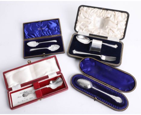 A collection of silver to include cased spoons, spoon, fork and napkin ring set, cased.