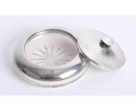 A George V silver and glass powder box with mirror.