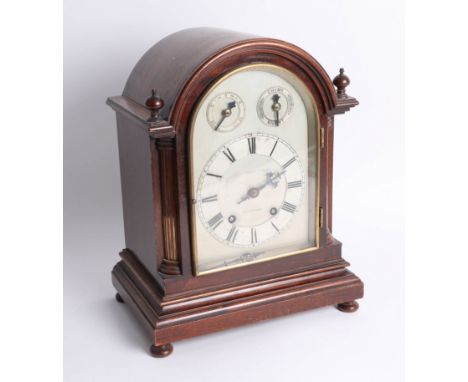 A mahogany bracket clock with three dials, marked Robert Jones &amp; Sons, Liverpool, height 36cm.