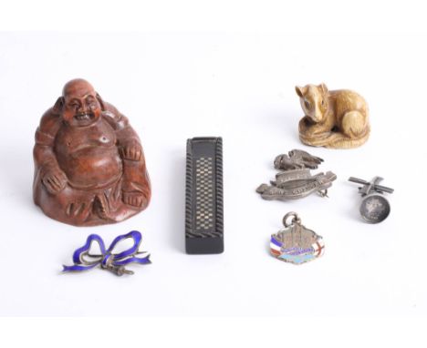 Various objects including carved wood Buddha, small 19th century inlaid needle box, silver 'Sans Changer' badge, carved rat n