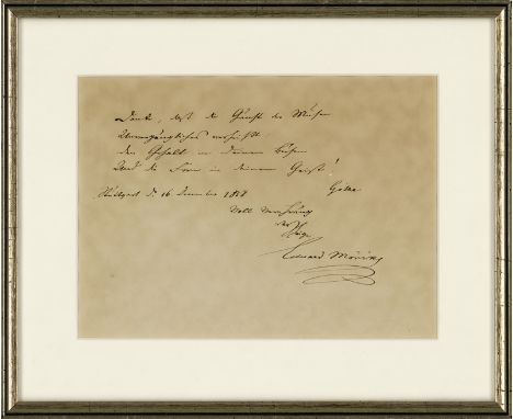 - Eigh. Albumblatt m. U. "Eduard Mörike". 1 S. Quer-4to. Stuttgart 16.XII.1838."Danke, daß die Gunst der Musen / Unvergänglic