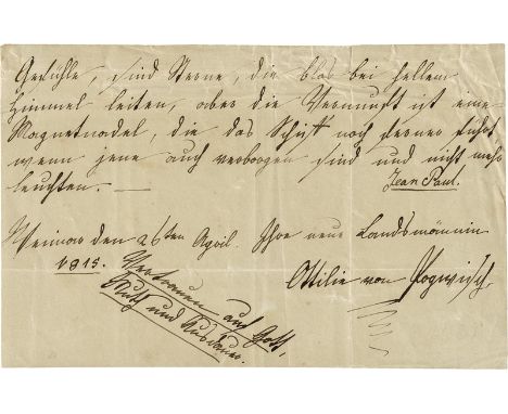 - Pogwisch, Ottilie von, Goethes spätere Schwiegertochter (1796-1872). Eigh. Albumblatt m. U. "Ihre neue Landsmännin Ottilie 