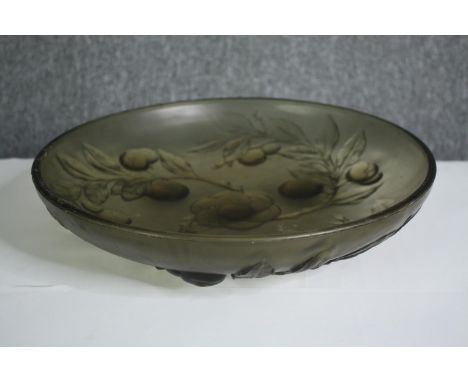 A vintage opaque glass bowl with fruit and leaf decoration. Dia.35cm. 