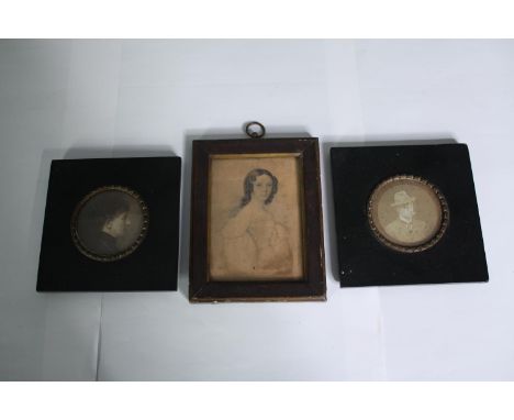 A 19th century ink and wash portrait miniature along with a pair of 19th century miniature portrait prints. H.16 W.12cm. (lar