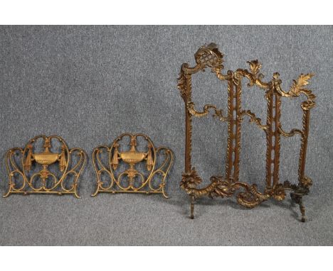 A vintage brass umbrella stand along with a miniature brass Rococo screen and two desk stands. H.59 Dia.29cm. 