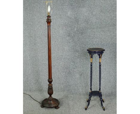 A vintage oak standard lamp and a painted torchere. H.102cm. 