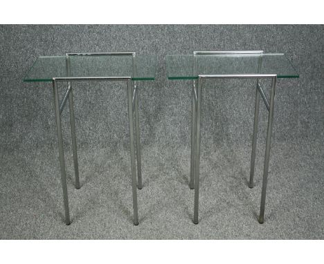 Lamp or bedside tables, a pair, Rodney Kinsman vintage chrome and glass. H.69 W.50 D.30cm. (each). (Plate glass undertiers mi
