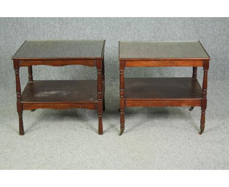 A 19th century mahogany bedside or lamp table with a plate glass top along with a similar table. H.55 W.59 D.46cm. (each). 