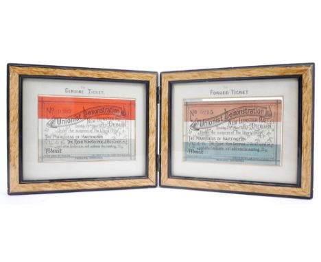 1887 Unionist Demonstration, Dublin, genuine and forged tickets. A ticket for the Unionist Demonstration, New Leinster Hall, 