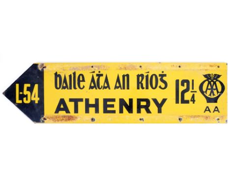 Mid 20th century, Automobile Association yellow enamel finger road sign for Athenry, Co. Galway. A two-sided, yellow enamel r