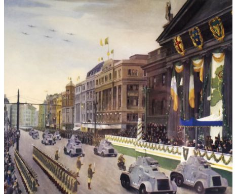 1949 (18 April) Republic of Ireland day, framed calendar. A colour lithograph of a military parade passing the GPO with six S