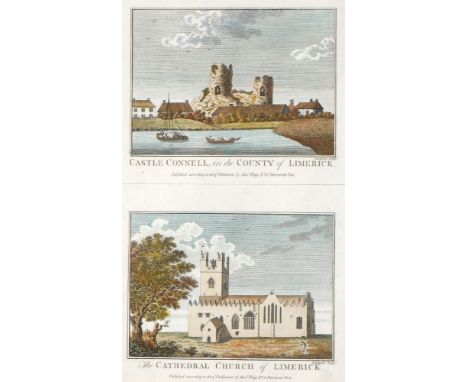 Early 19th century print of Castle Connell and Limerick Cathedral. A hand-coloured engraving published by Alex. Hogg, framed.