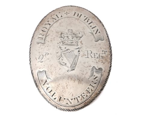 Circa. 1778, Royal Dublin Volunteers, officer's cross belt plate. A silver oval convex cross belt plate engraved to the centr