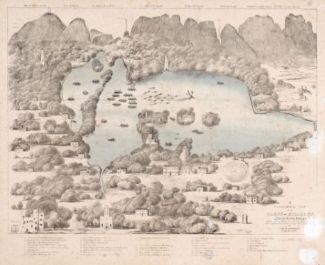 1837 Panorama of the Lakes of Killarney by Cornelius K Farrelly. A hand-coloured engraving, exhibiting mountains, stag hunt a