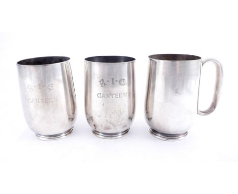 Royal Irish Constabulary silver plated pint tankards Two silver plated pint tankards engraved 'R I C Canteen' and another une