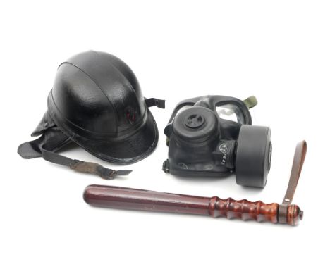 1969 Battle of the Bogside, Royal Ulster Constabulary riot helmet and gas mask. A black RUC 'Skulgarde' helmet with metal bad