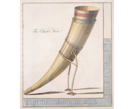 18th century engravings of Irish artefacts, The Harp of Brian Boromh (Ború) and The Charter Horn. Hand-coloured engravings fr