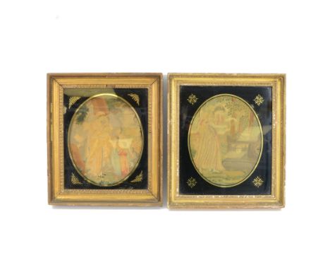 Pair of 19th century silk works, in oval mounts and gilt frames, the first example a classic figure beside a grave inscribed 