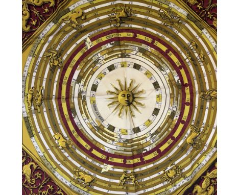 Hermes Astrologie Dies et Hore silk scarf, in red and yellow colourway, by Francoise Faconnet, 90cm x 90cm